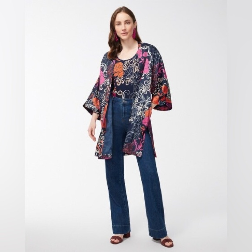 NWT Chico’s Blue Floral Open Front Kimono Size S/M Artsy Modern Boho Resort